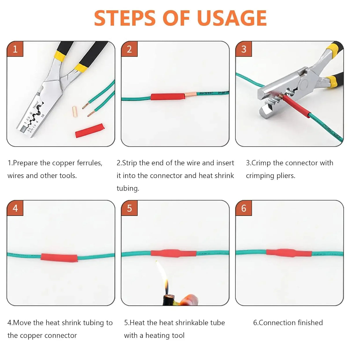 250Pcs Wire Ferrules Kit 7 Size Copper Crimp Connector Non Insulated Electrical Butt Terminal Assortment Kit