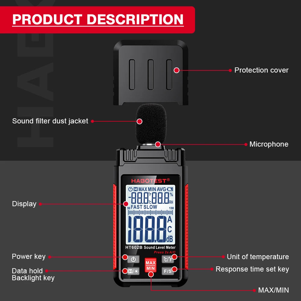 HABOTEST HT602 Sound Level Meter Digital Handheld DB Meter Sonometros Noise Audio Level Meter 30-130dB Decibels Mini Sound Meter