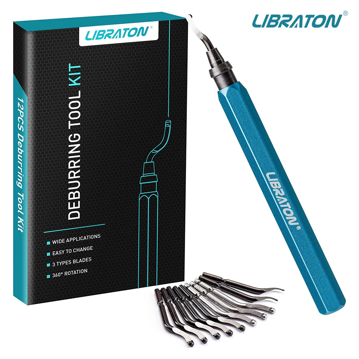 Libraton Deburring Tool with 11 HSS Steel Blades, 360 Degree Rotary Head Deburring Tool for Metal Resin Plastic 3D Printing Wood