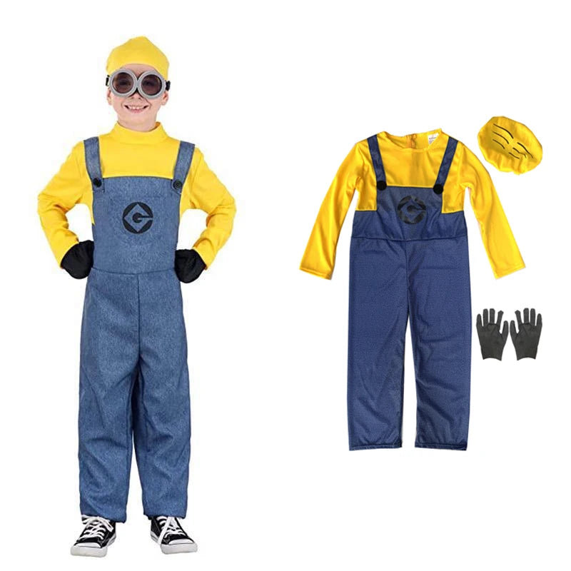 Family Little Yellow Men Cosplay Costume Set Adult Yellow Shirt Blue Overalls Halloween Carnival Party Role Play Outfit