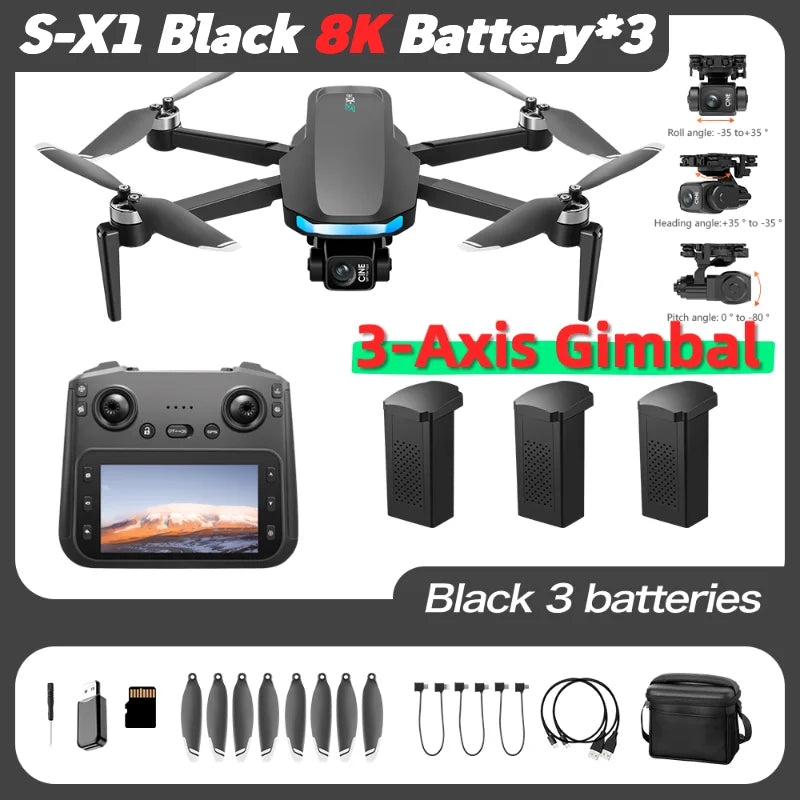 S-X1 MAX GPS Drone with 3-Axis Gimbal 8K/4K HD Camera 5000m FPV LCD Remote Screen 30min Flight Professional Foldable Quadcopter