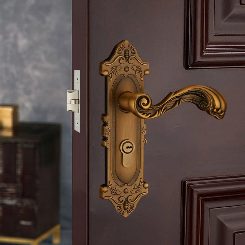 European style antique bronze retro single tongue lock with double doors, indoor bedroom, silent room, hole distance F155