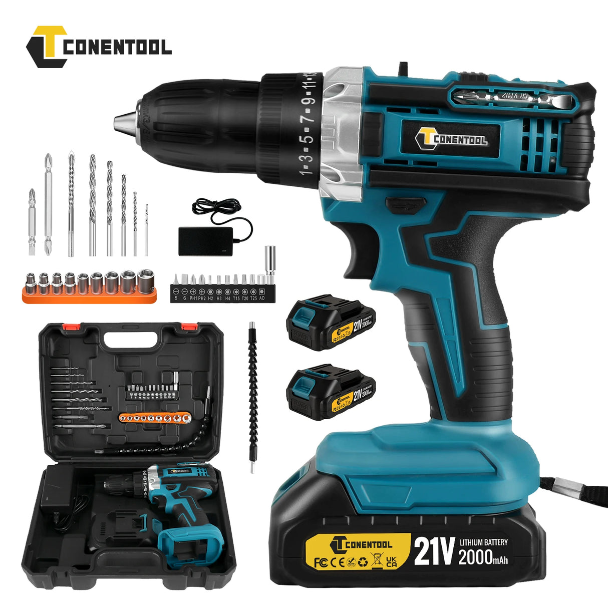 Conentool 45N.m 21V Cordless Drill Combi Set 25+1 Torque Electric Screwdriver Impact Drill Driver 2x 2.0Ah Battery for Home, DIY