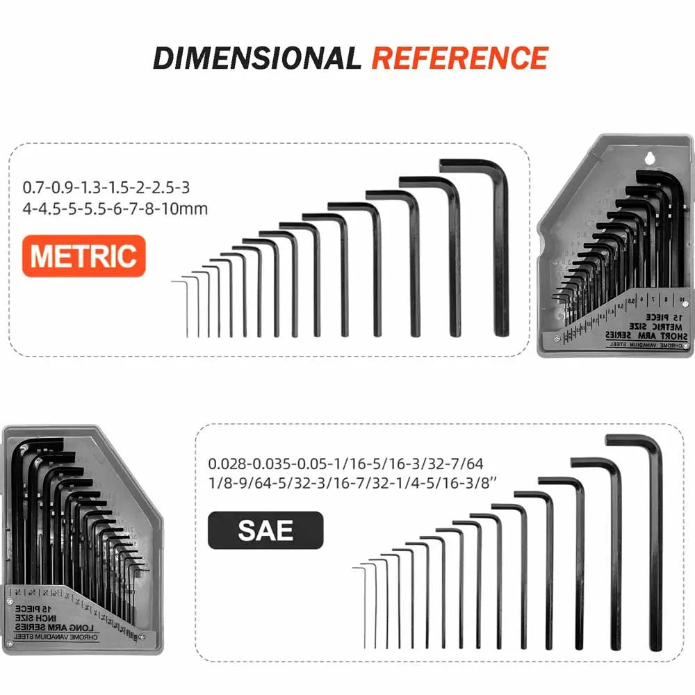 30Pcs Imperial & Metric Hex Allen Key Set Long & Short Arm Allan Alan Alen Hexagonal Steel Wrench Key Kit with Carry Case