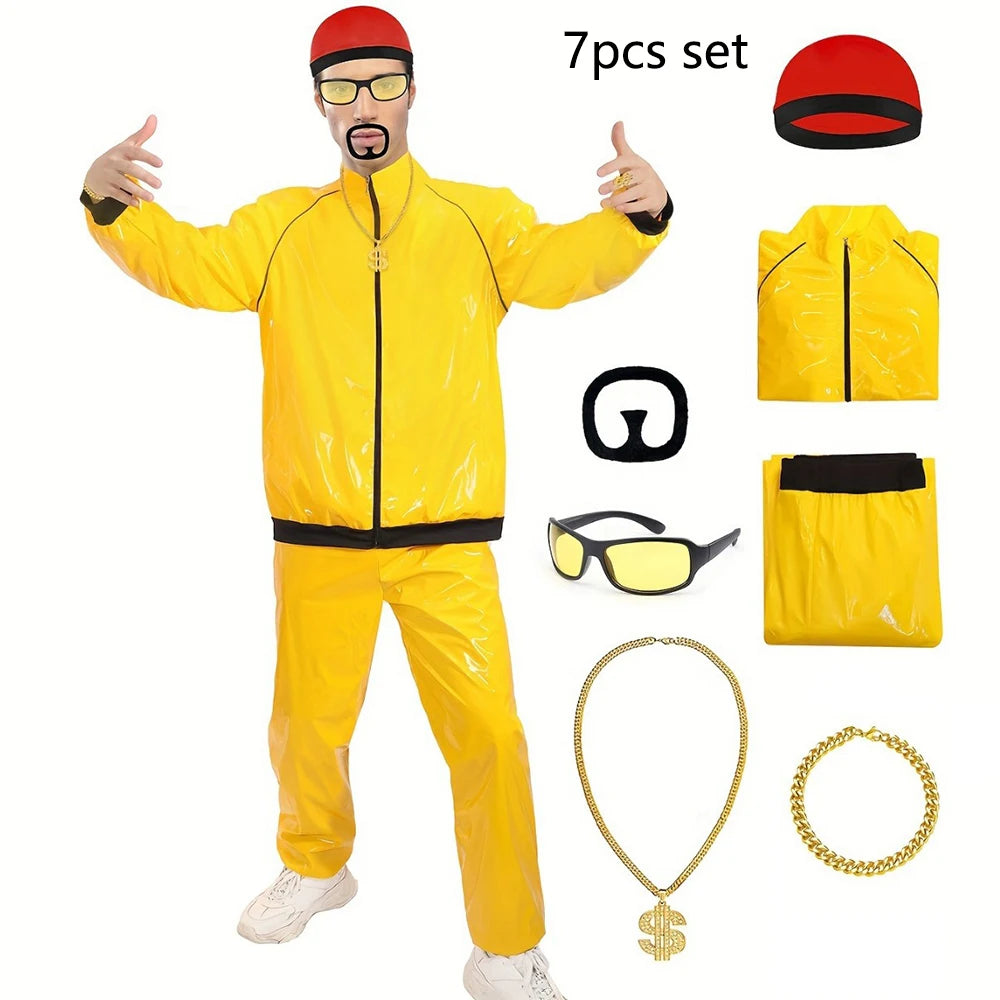 70S Disco Hippie Retro Cosplay Costume Hip Hop Windbreaker 80S Tracksuit Yellow Jacket Pants Hat Halloween Carnival Suit