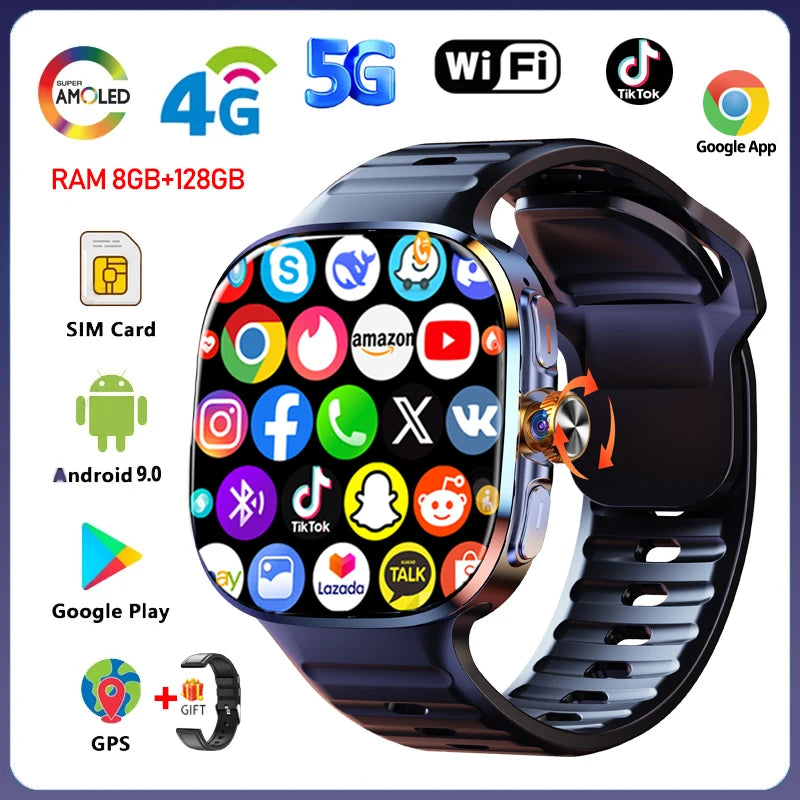 5G/4G Smart Watch 2.4 inch AMOLED 2100mah Battery 900W Camera GPS WIFI Google APPS Download 8GB+128GB RAM Smartwatch Android 10