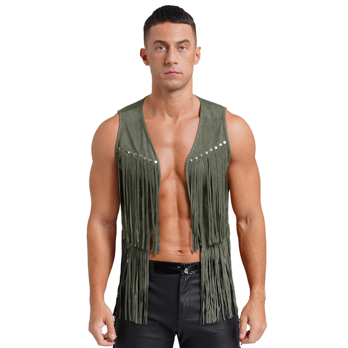 Mens Cowboy Costume Halloween Party Long Tassels 70s Hippie Cardigan Sleeveless Fringe Suede Jacket Waistcoat Vintage Vest Tops