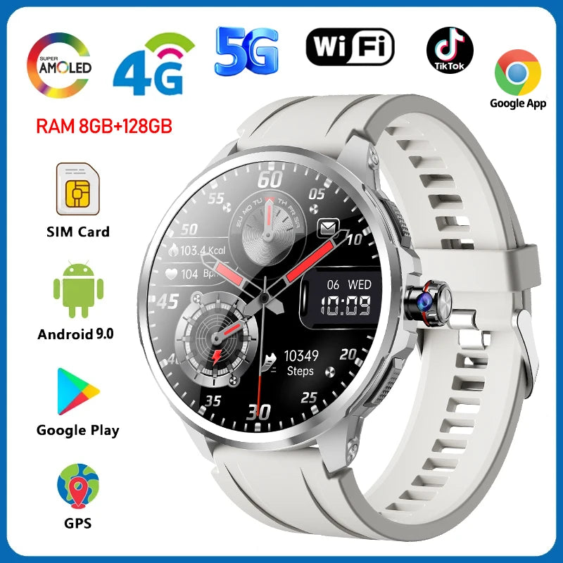 5G/4G Full Network Smart Watch Men 1.95 inch AMOLED Screen 8GB+128GB RAM 900W Camera GPS WIFI Google APPS Android 9.0 Smartwatch