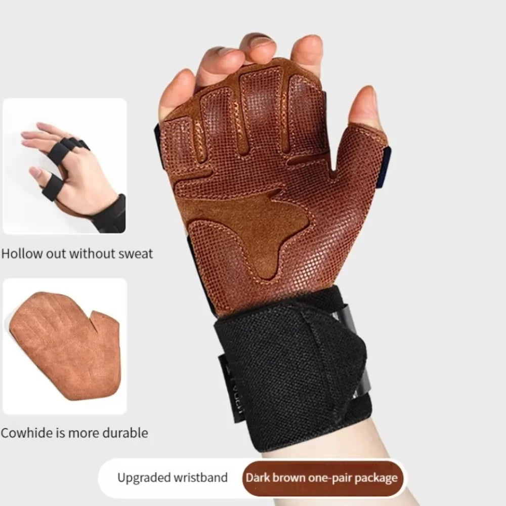 1 Pair Cowhide Weight Lifting Gloves Non-Slip Breathable Ventilated Gym Wristband Deadlift Training Fitness Workout Gloves