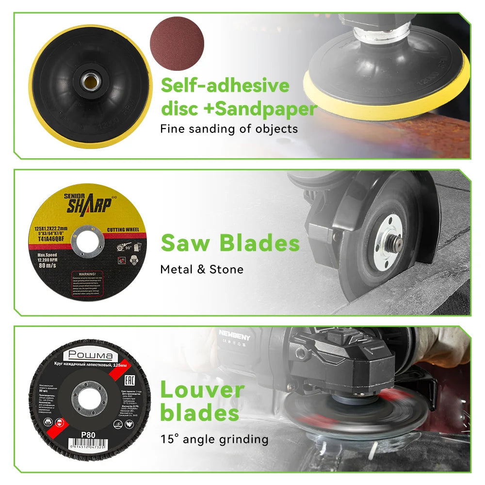 NEWBENY 125mm Brushless Cordless Electric Angle Grinder 3 Gears High Power Grinding Polisher Cutter Tool For Makita Battery Pin