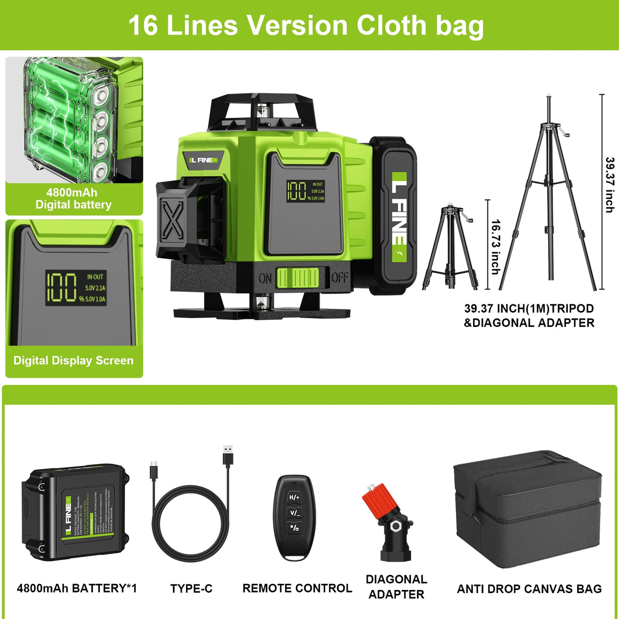 Lfine 4D 16 Lines 360°Self-leveling Laser Levels with Tripod and Suitcase Horizontal And Vertical Professional Laser Level Tool