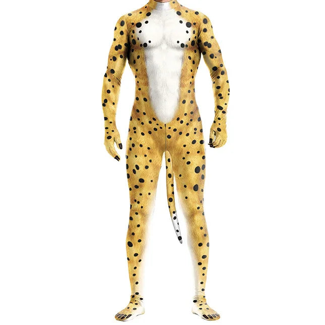 Halloween Costume Adult Mens Wild Animal Cosplay Costume Full Cover 3D Print Beast Petsuit Jumpsuit Bodysuit Tail