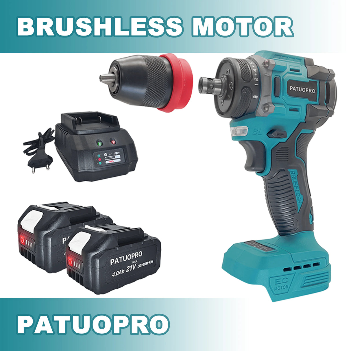 PATUOPRO 2 In 1 Cordless Electric Drill 10MM Chuck Brushless Screwdriver Rechargeable Driver Power Tool For Makita 18V Battery