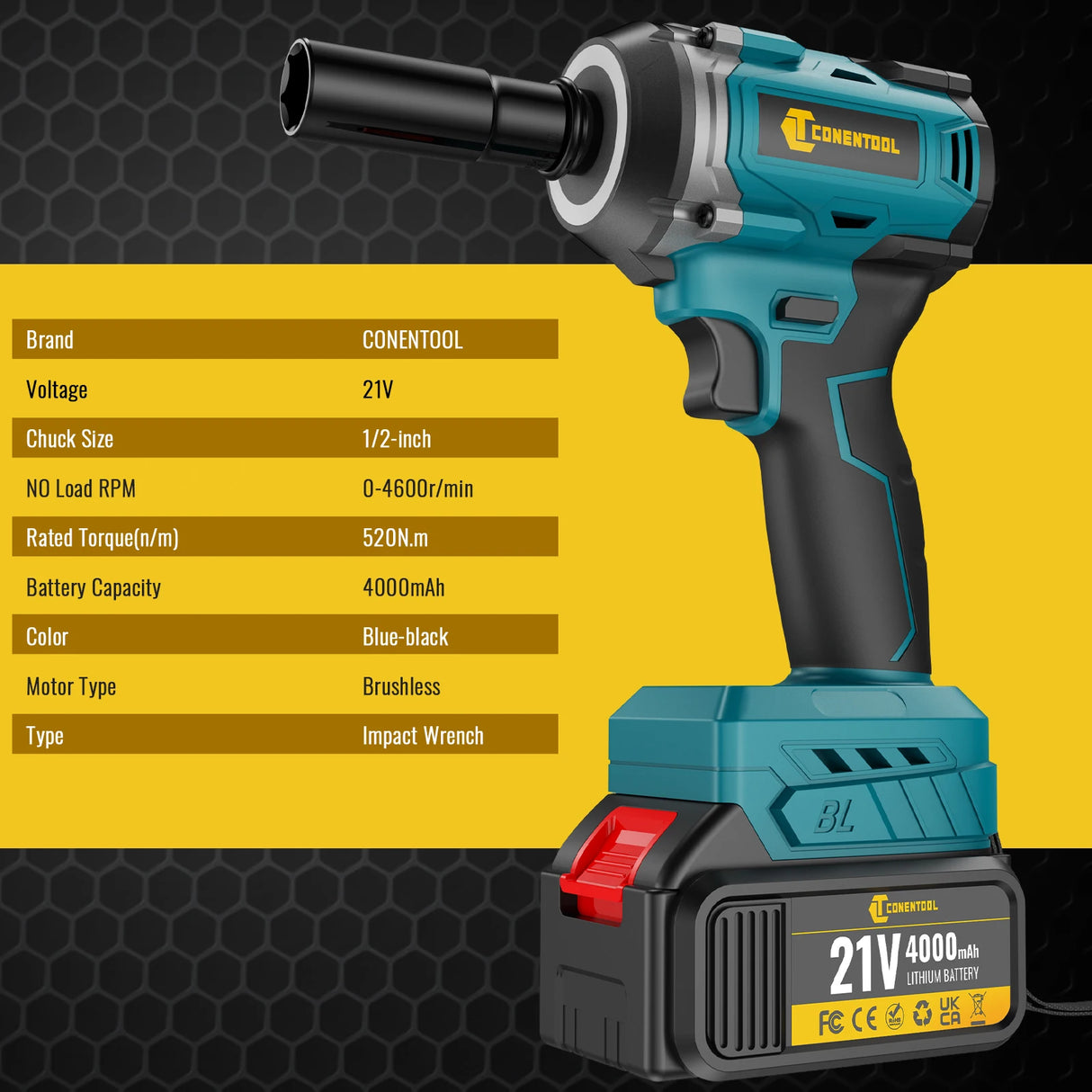 CONENTOOL Cordless Impact Wrench 520Nm 1/2" + Cordless Drill 120Nm 3/8" + 2x 4000mAh Battery + 6 Sockets + Charger + Carry Case