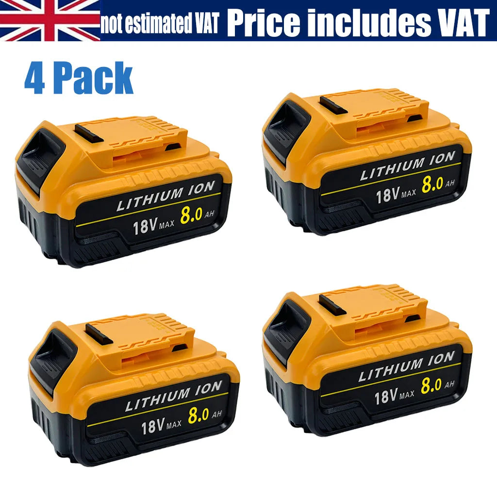 4Pack 18V 8.0Ah Replacement Battery Compatible For Dewalt 18V MAX Battery DCB200 DCB204 DCB206 DCB206-2 DCB201 DCB203 DCB181 DCB