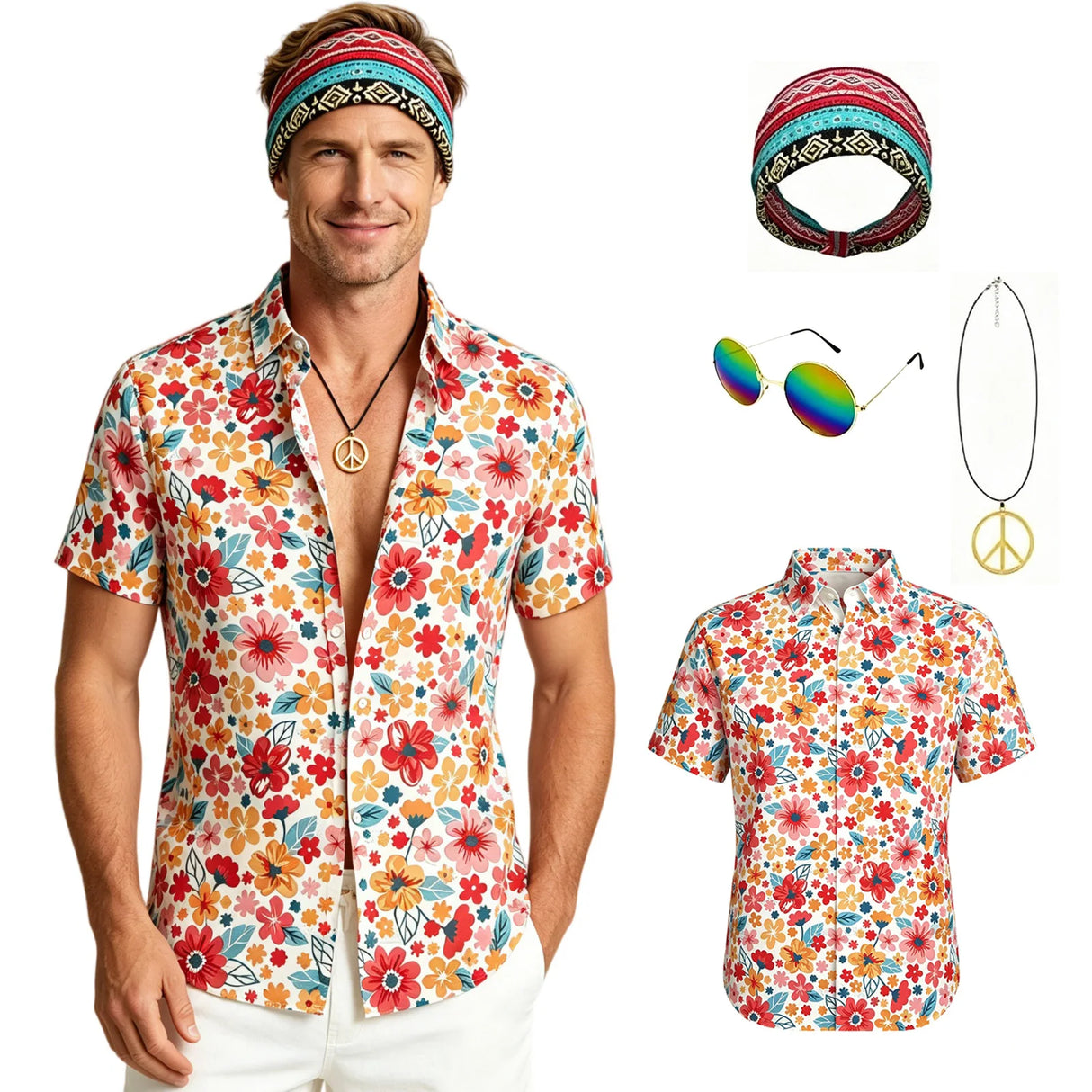 Mens 70s Disco Outfit Hippie Costume Vintage Printed Shirt with Sunglasses Headbands Necklace for Party