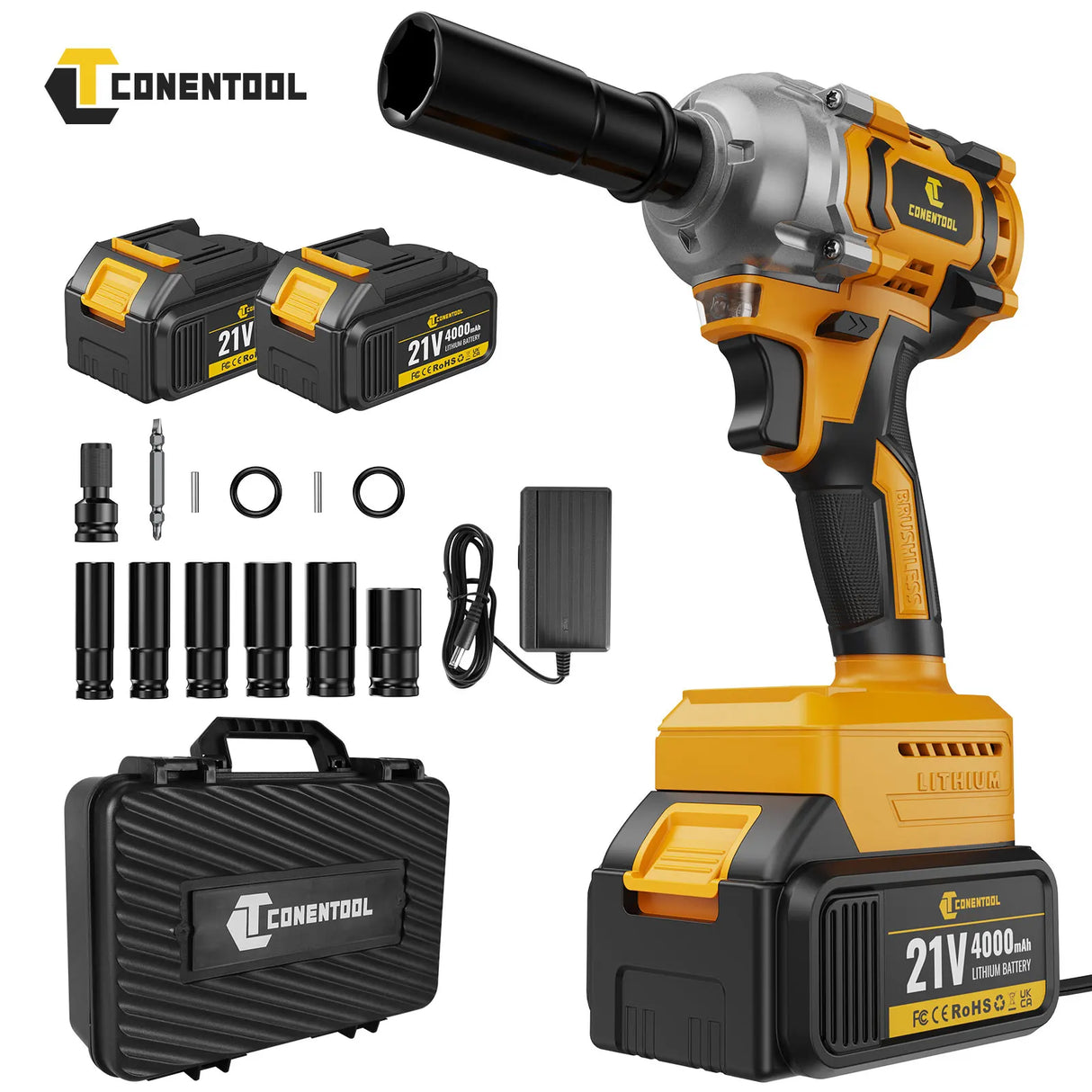 CONENTOOL 21 V Cordless Impact Wrench, 1/2in 680N.m High Torque Drill, Brushless Impact Gun with 2x 4000mah Batteries, 6 Sockets