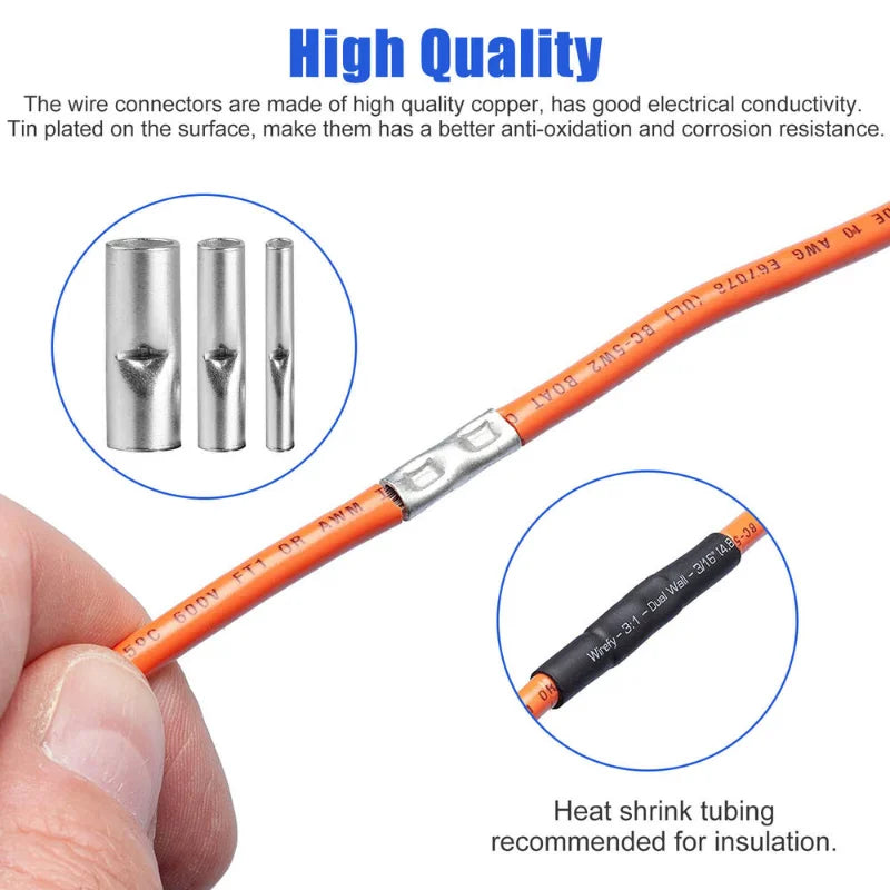 200PCS Non-Insulated Butt Wire Connector Ferrules Electrical Cable Terminal Copper Bare Tinned Crimp Terminal 0.5-6mm2 22-10AWG