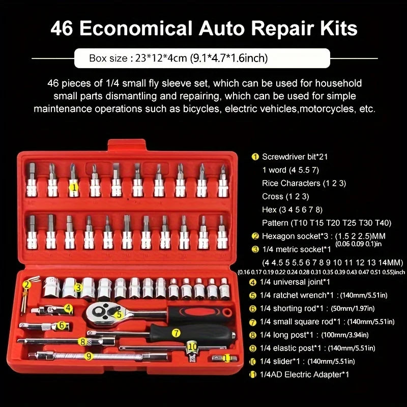 46pcs Car Repair Tool Kit Ratchet Torque Wrench Spanner Screwdriver Socket Set Combo Tools Kit Bicycle Auto Repairing Tool Mech