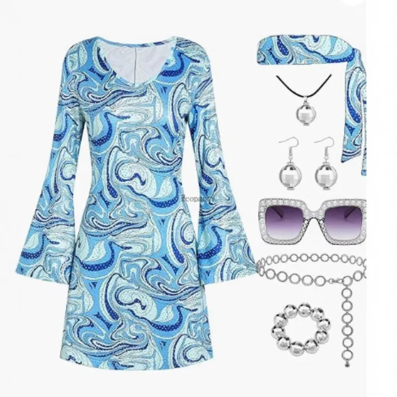 Disfraz 70s Women Disco Dress Hippie Costumes Necklace Earrings Glasses, 60's 70's Birthday Outfits, 1970s Prom Bling Dress