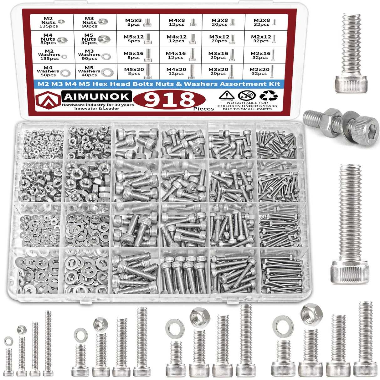 918pcs Nuts and Bolts Assortment Kit - M2, M3, M4, M5 Hex Head 304 Stainless Steel Bolts, Nuts, Flat Washers, and More