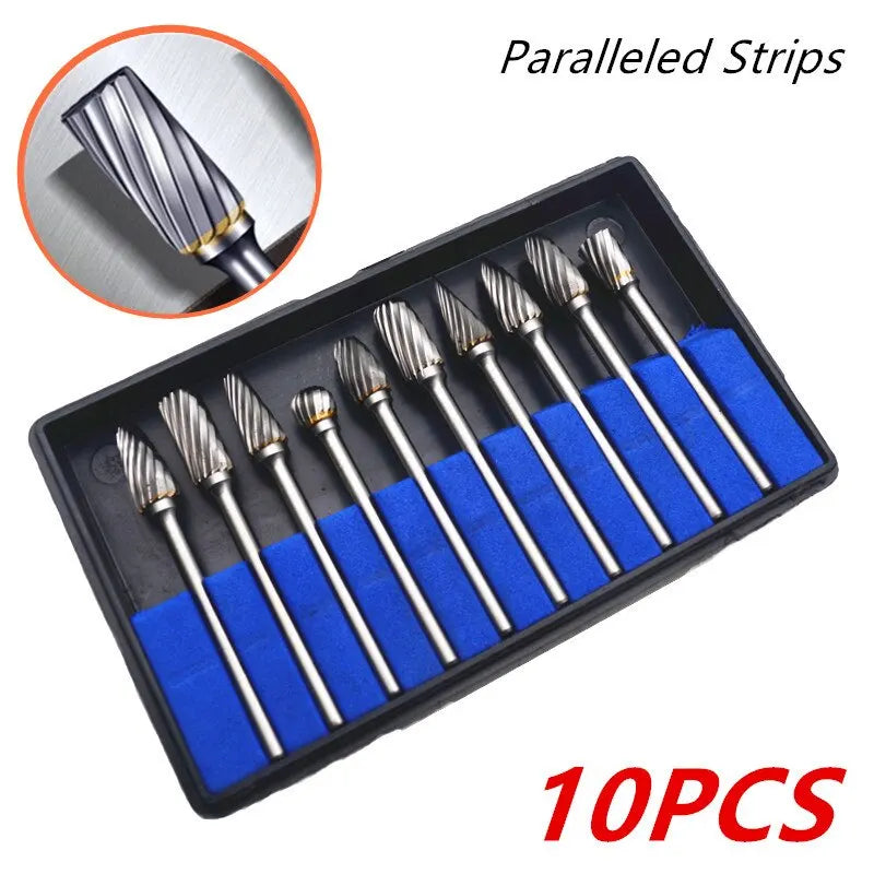 10pcs Carbide Burr Set, Hard Alloy Tungsten Steel Double Cut Rotary File Milling Cutter Head, Woodworking Grinding Carvin