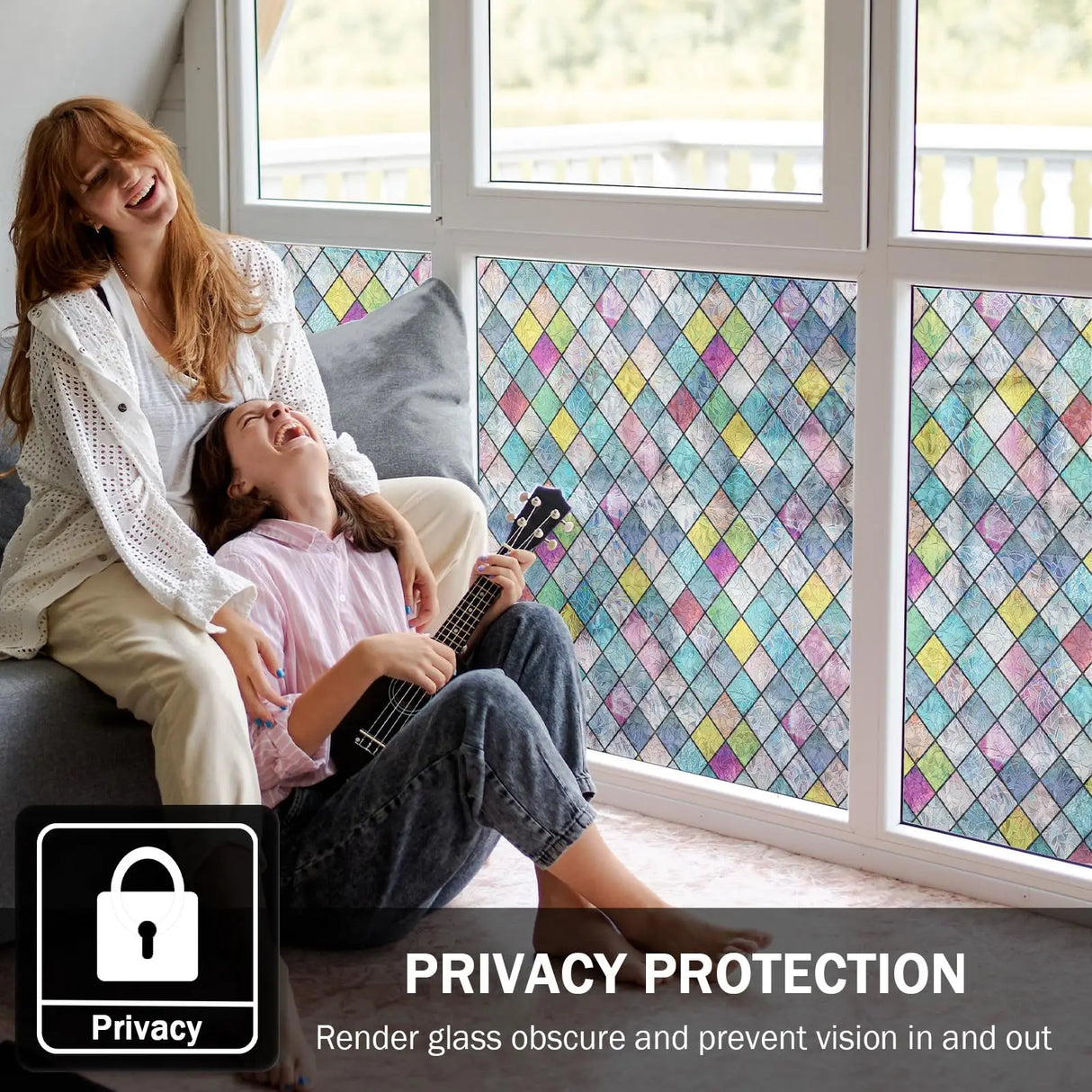 Stained Glass Window Film, Window Privacy Films, Colorful Lattice Window Tint, Rainbow Glass Decals Stickers for Home Anti UV