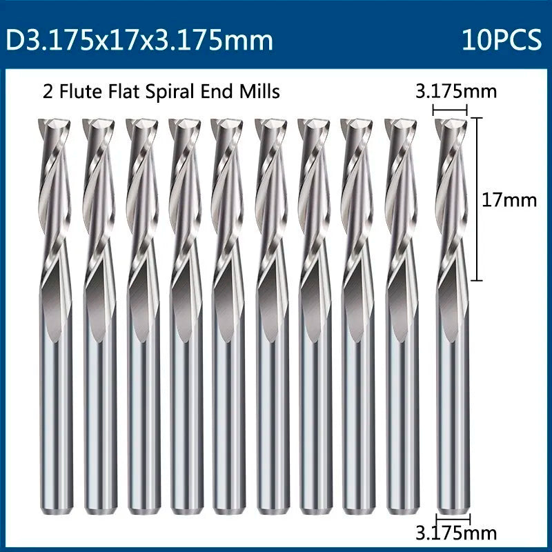 Milling Cutter 10pcs 3.175mm Shank Ball Nose End Mill 2 Flute Flat CNC Router Bits PCB Milling Cutter for Woodworking Tools
