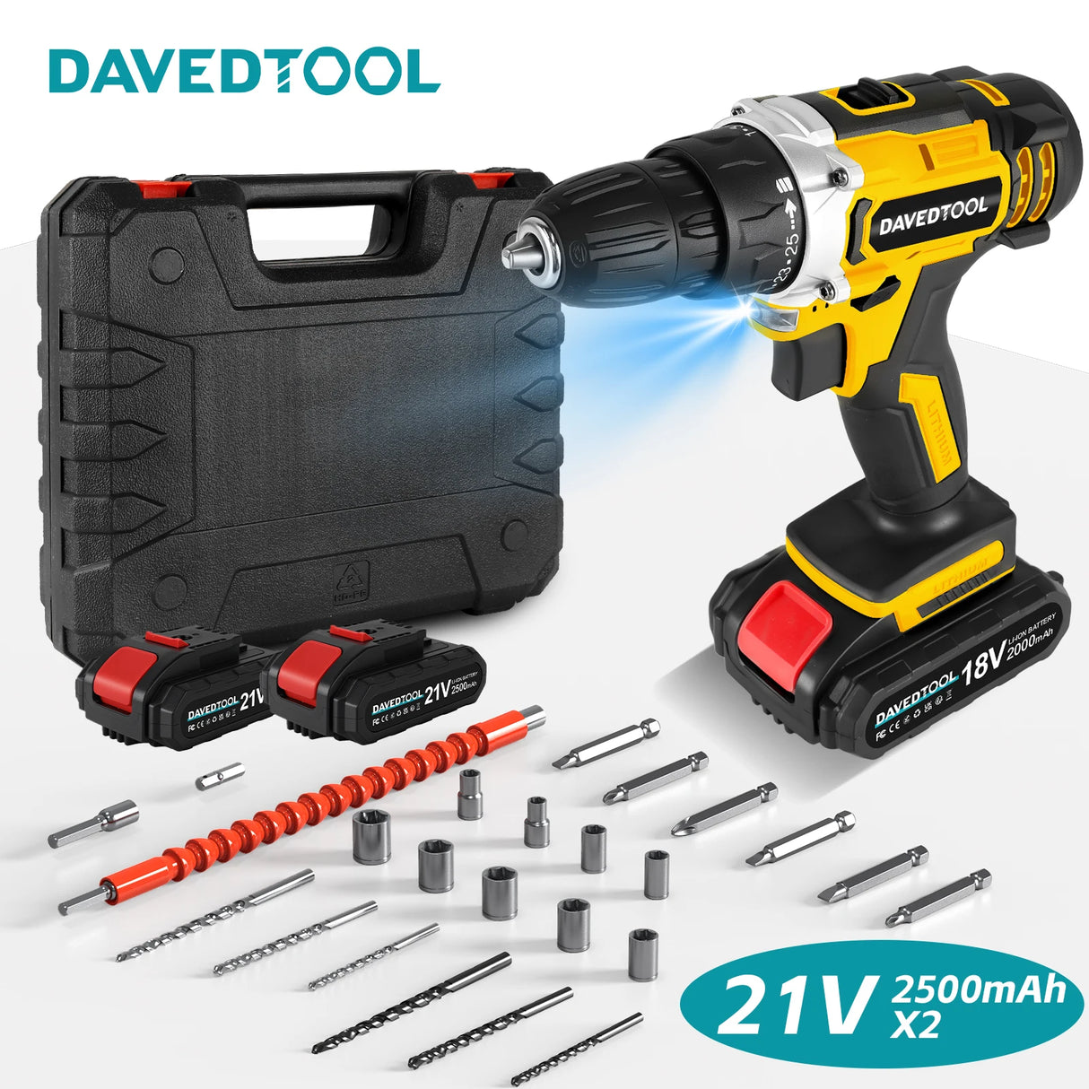 DAVEDTOOL 21V Cordless Drill Multifunctional Impact Screwdriver 2pcs Battery and 24pcs Tool 2 Gear Speed Electric Drill Driver