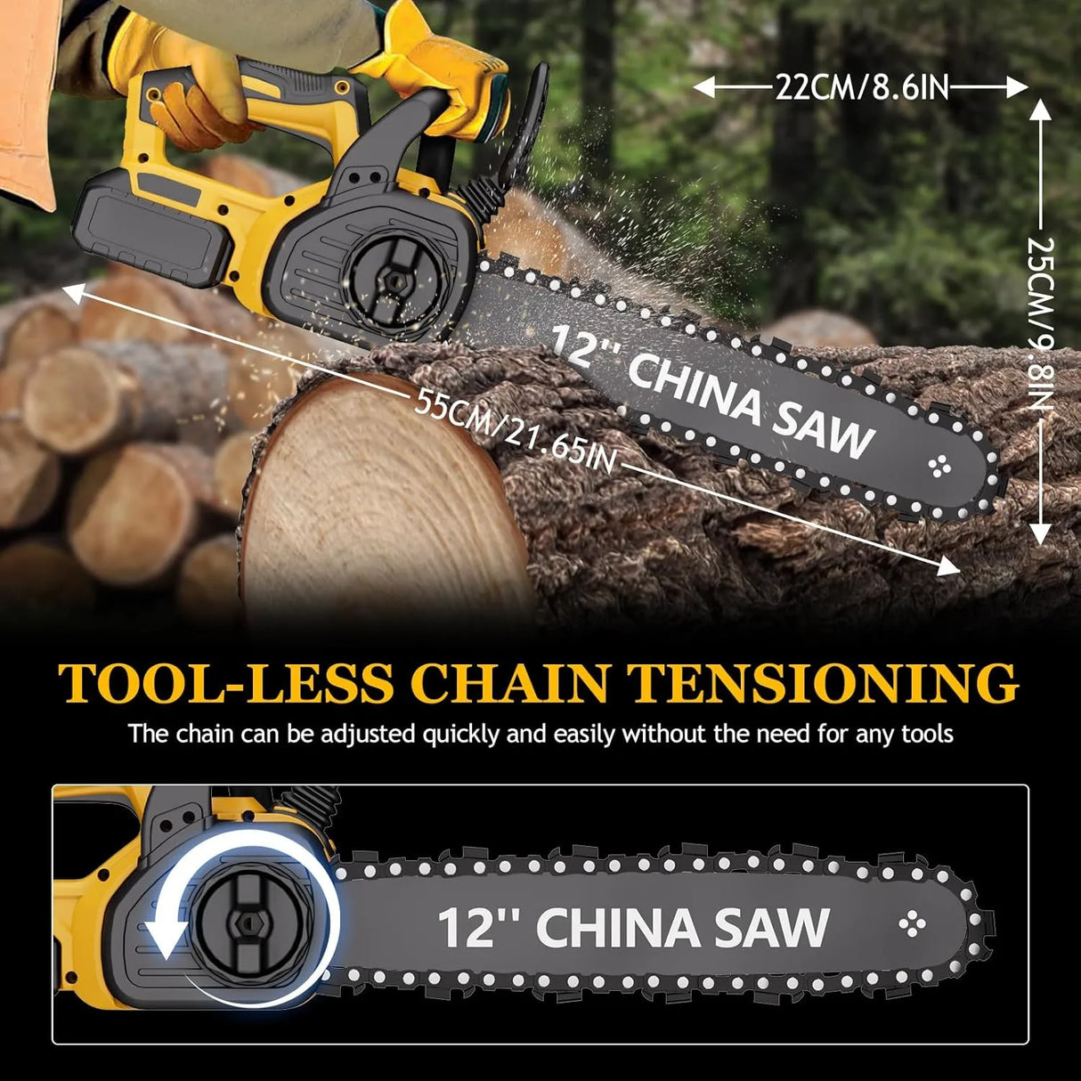 12" Cordless Chainsaw Handheld Garden Electric Chain Saw for Tree Branch Wood Cutting for DeWalt 20v Battery
