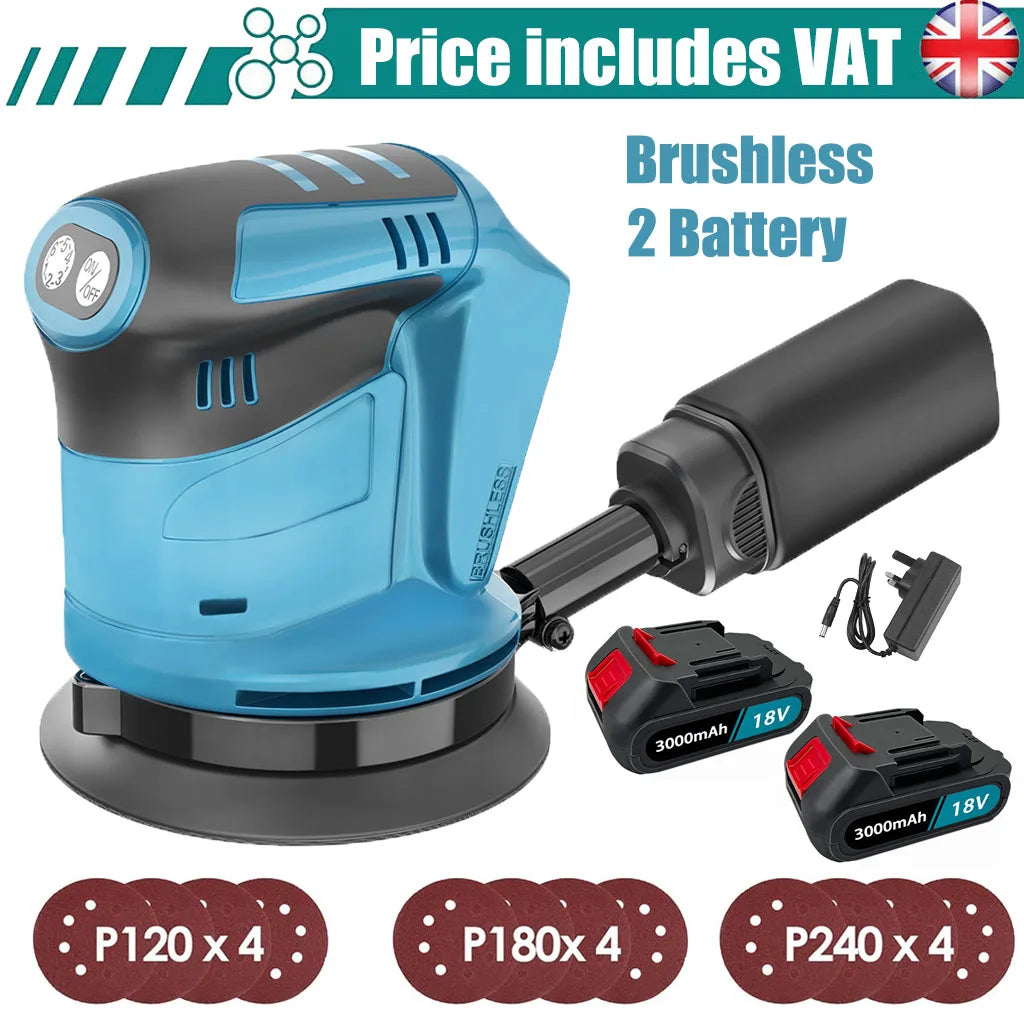 Cordless Sander compatible with Makita 18v Battery,125mm Random Orbital Sander w/12pcs papers Dust Collector 6-Speed Woodworking