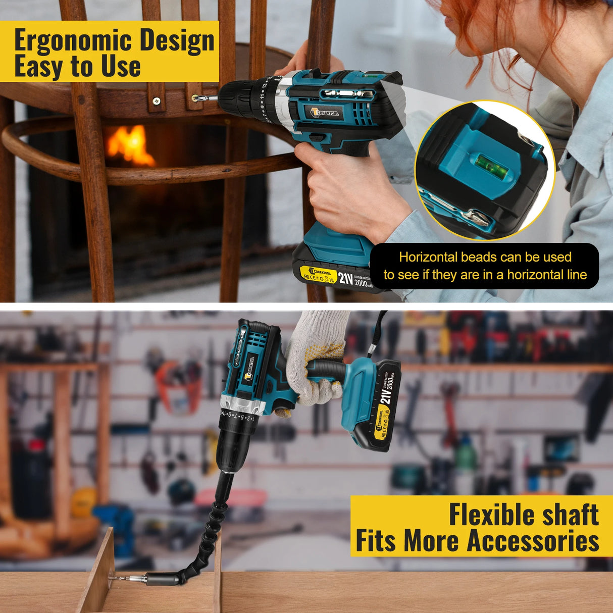 Conentool 45N.m 21V Cordless Drill Combi Set 25+1 Torque Electric Screwdriver Impact Drill Driver 2x 2.0Ah Battery for Home, DIY