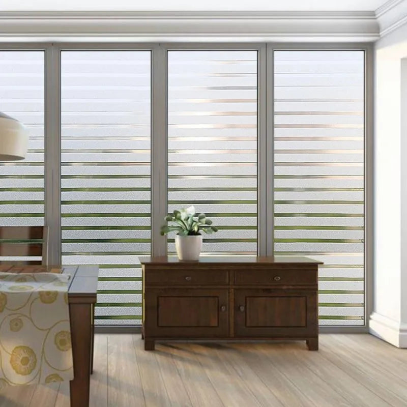 Frosted Privacy Window Film Static Cling Anti-UV Day & Night Reeded Striped Pattern No-Glue Removable for Home Office Bathroom