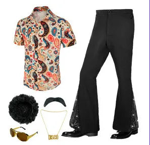 60s 70s Hippie Halloween Costume Sequins Pants Shirt Tops Bell Bottom Men's Flared Trouser Adult Disco Singer Dance Shiny Outfit