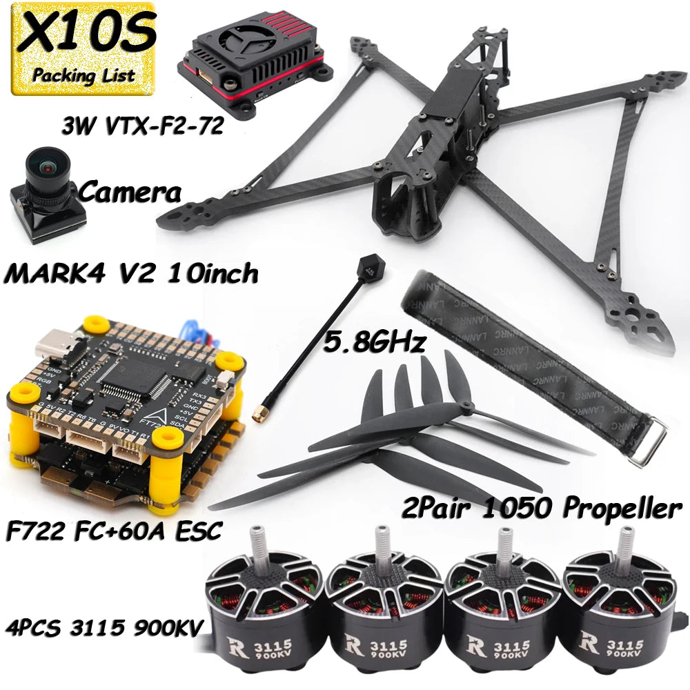 Mark4 V2 10inch 427mm Frame F722 Flight Control 60A ESC 3115 900KV Motor 1050 Propeller Camera VTX Receiver Antenna for FPV Done
