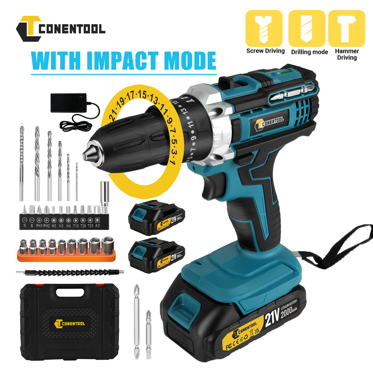 CONENTOOL 10MM 35+3 Torque 48N.m Impact Electric Drill Cordless Electric Screwdriver DIY Household Tool For Makita 21V 2 Battery