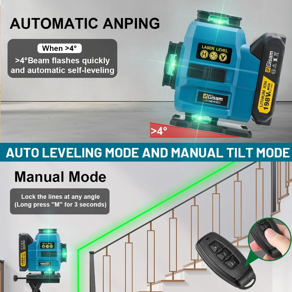 Gisam 16 Lines Laser Level Tripod Green Line SelfLeveling 360 Horizontal & Vertical Remote Control For makita 18v battery pins