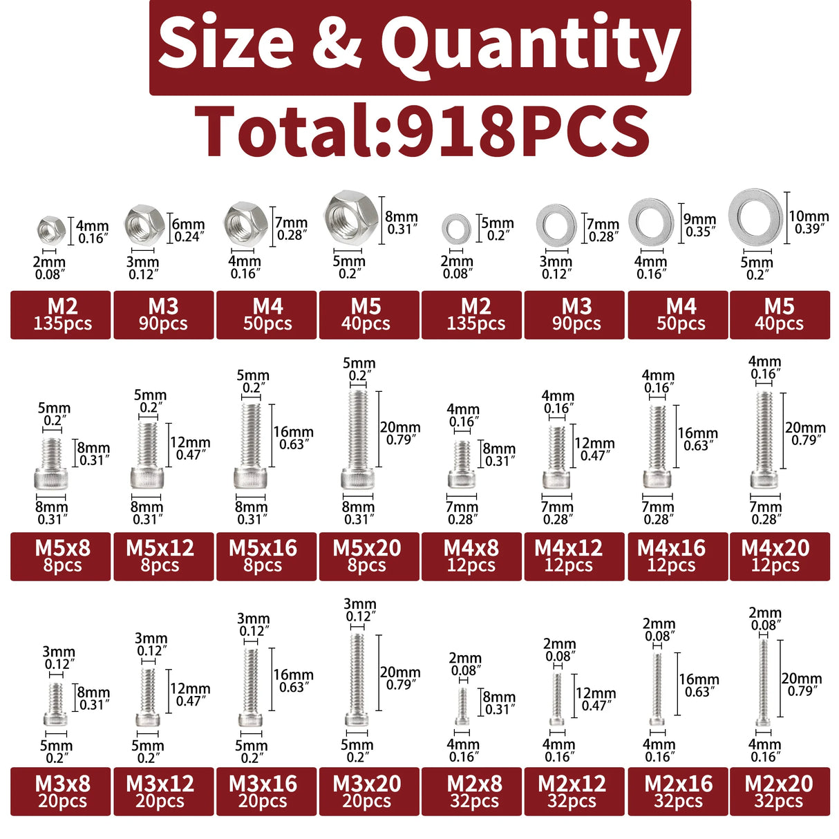 918pcs Nuts and Bolts Assortment Kit - M2, M3, M4, M5 Hex Head 304 Stainless Steel Bolts, Nuts, Flat Washers, and More