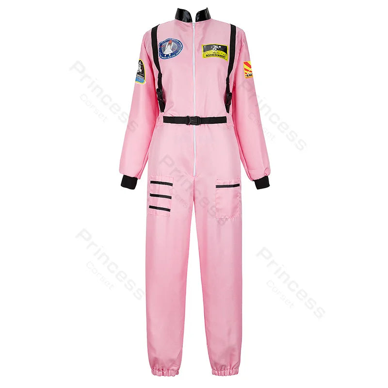 Adult Astronaut Costume for Women Men Flight Suit Costume Cosplay Space Astronaut Blue Full Body Jumpsuit with Zipper Carnival