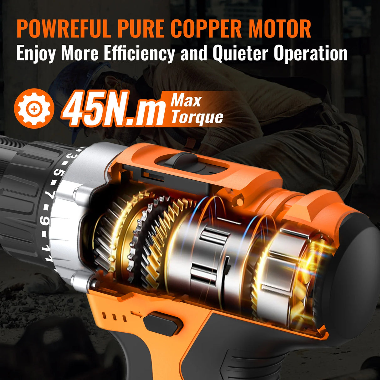 Conentool 45N.m Cordless Drill Driver Electric Screwdriver Rechargeable 2 Battery 25+1 Clutch Torque Impact Drill 36PCS Tool Set