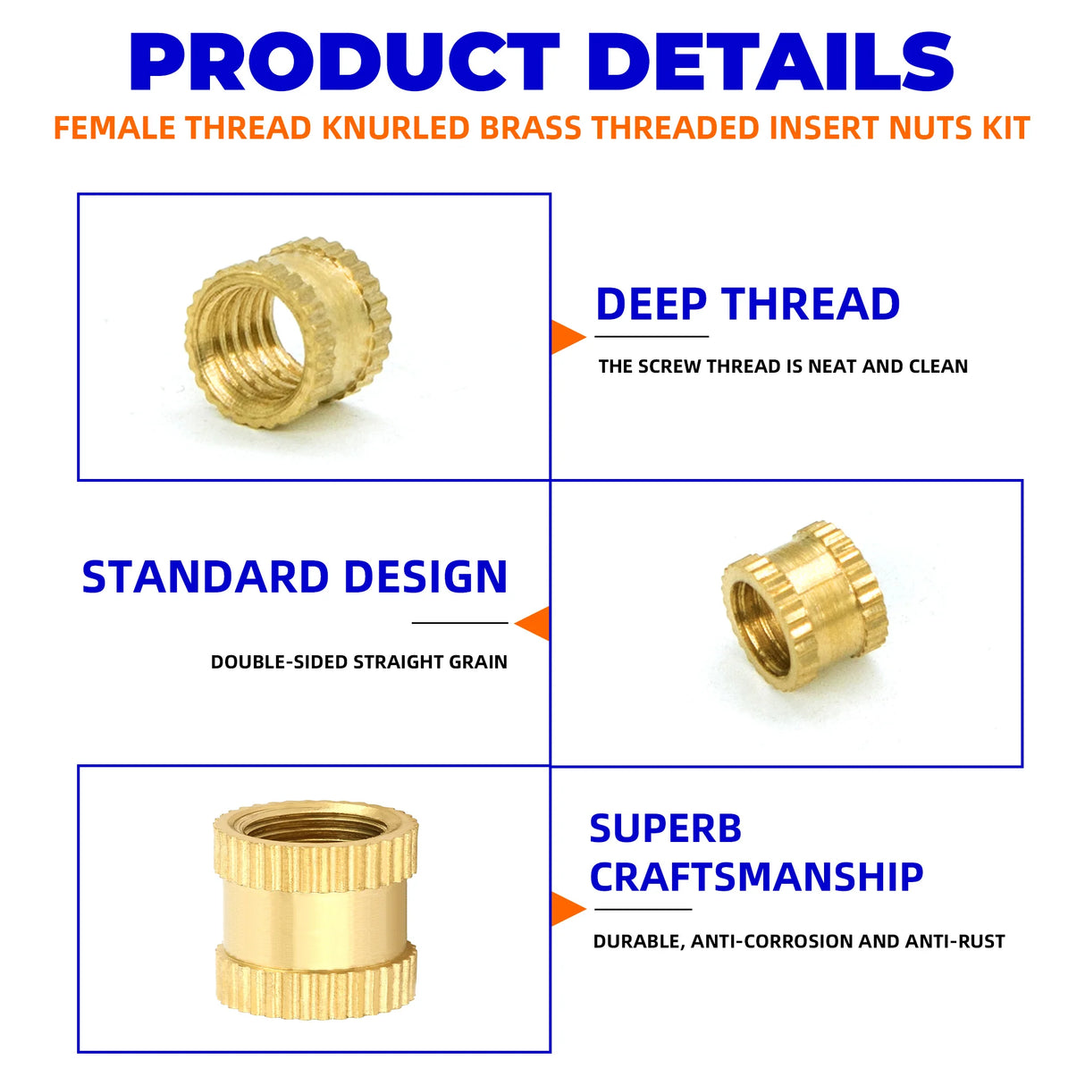 220pcs M2 - M6 Brass Heat Insert Nuts for 3D Printers. Knurled, double - twill threads. Ideal for hot - melt embedding.