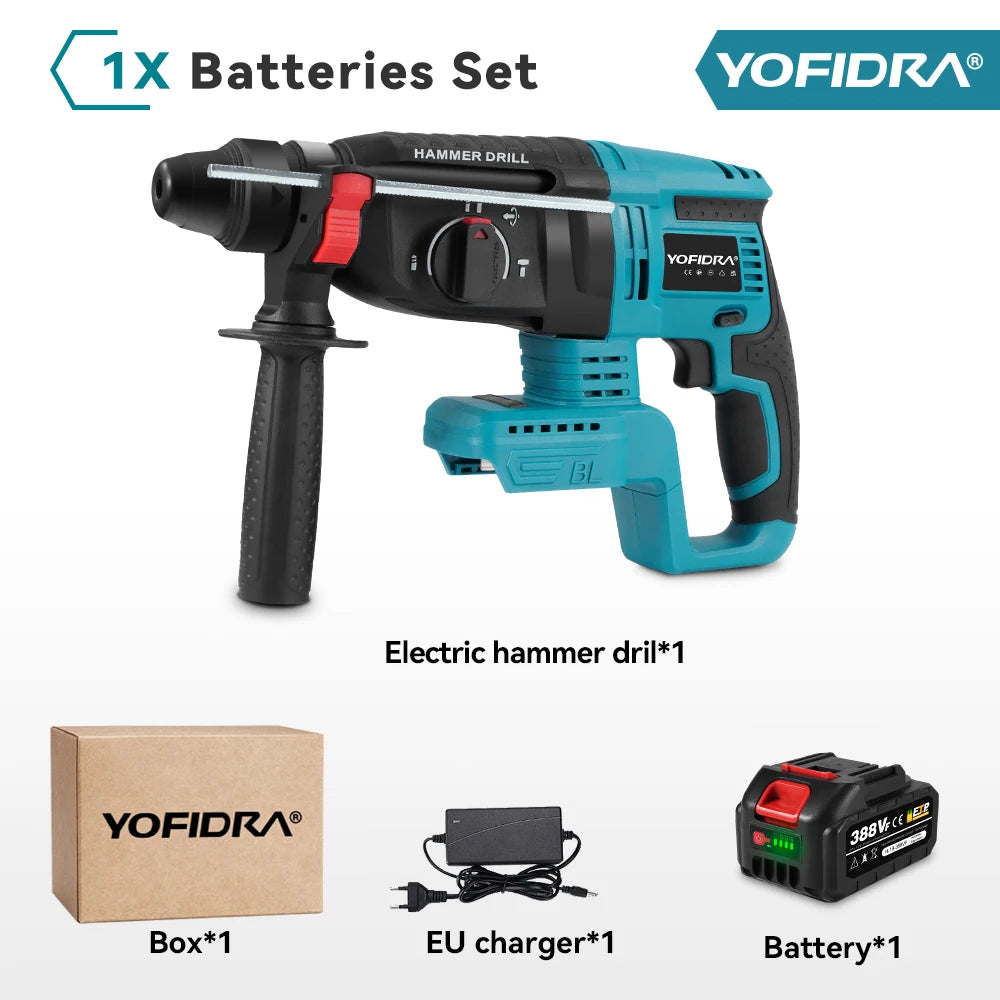 YOFIDRA Brushless Electric Hammer Impact Drill 26MM Cordless Woodworking Impact Drill Power Tools Set For Makita 18V Battery Pin