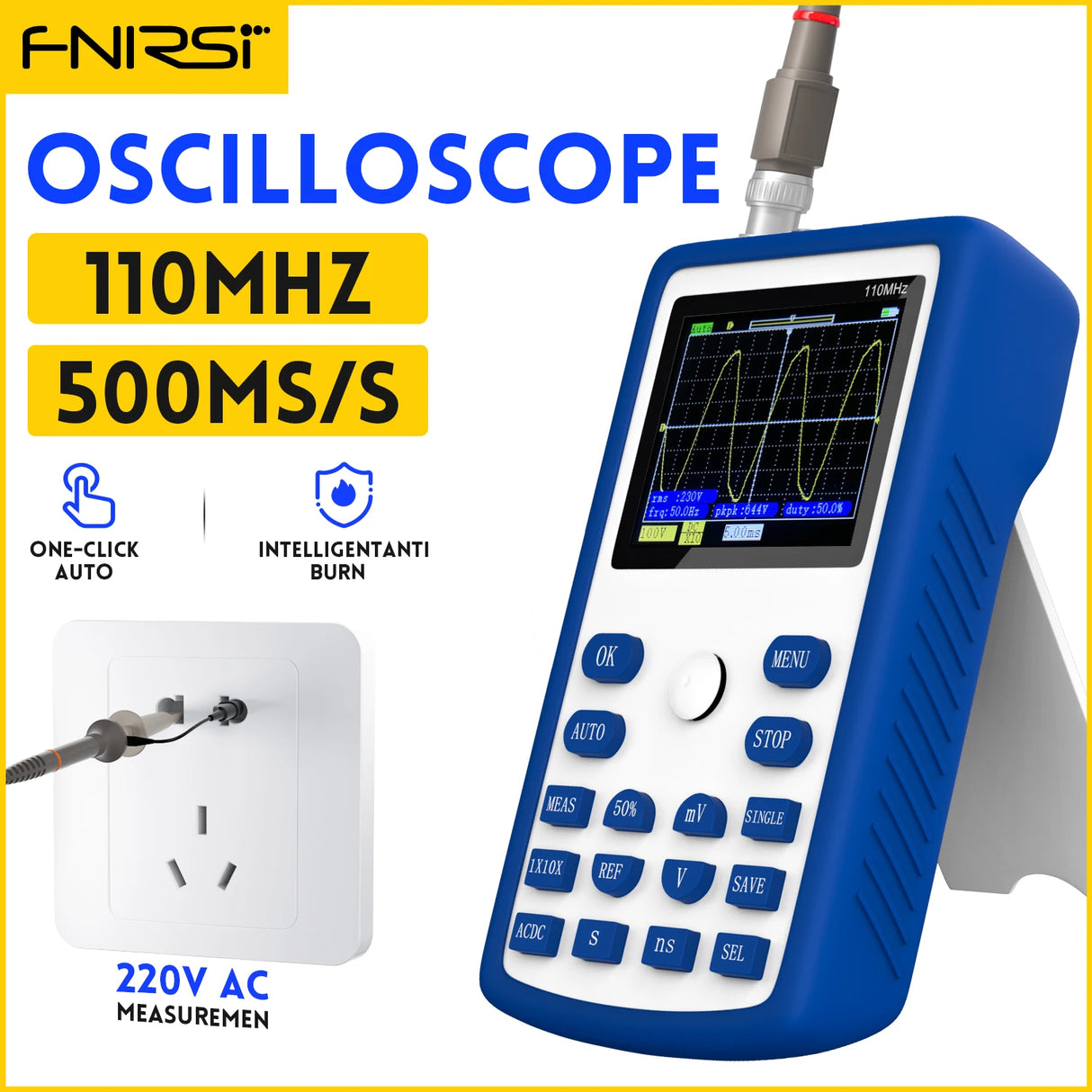 FNIRSI 1C15 Professional Digital Oscilloscope 110MHz Analog Bandwidth 500MS/s Sampling Rate Supports 1Khz Square Wave 400V
