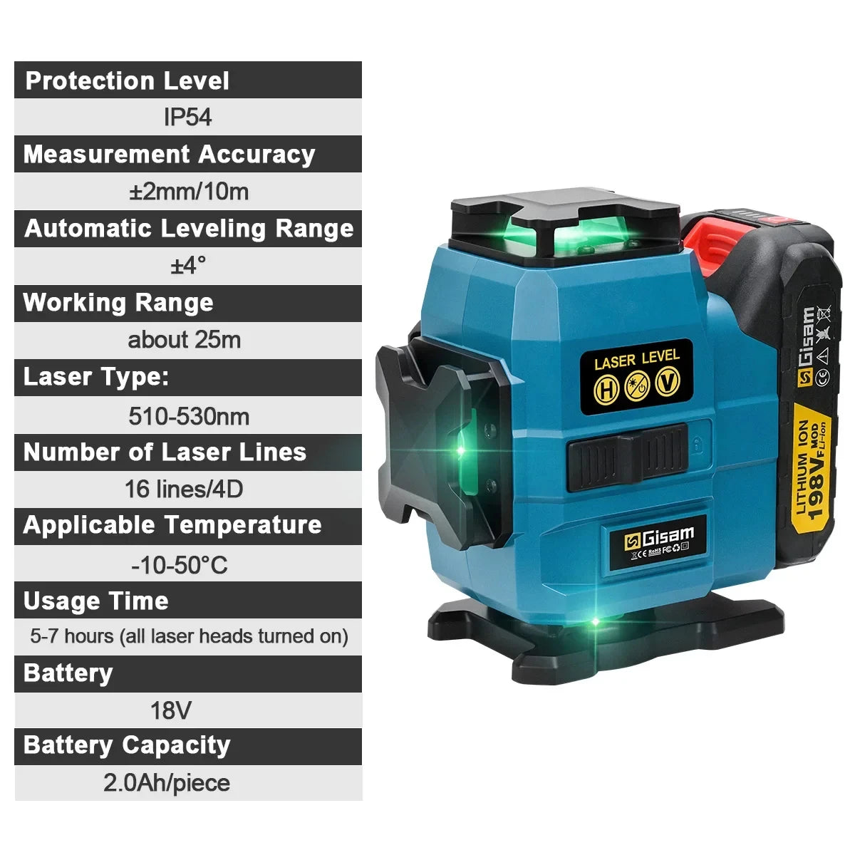Gisam 16 Lines Laser Level Tripod Green Line SelfLeveling 360 Horizontal & Vertical Remote Control For makita 18v battery pins