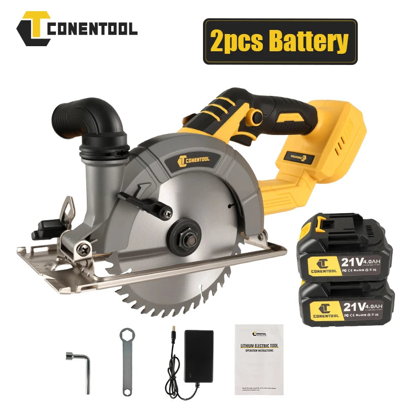 CONENTOOL 21V Batteries 1/2pcs Cordless Brushless Electric Circular Saw 165mm Blade 45° Oblique Cut 90° Cutting Tool for Makita