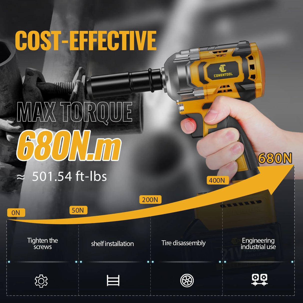 CONENTOOL 21 V Cordless Impact Wrench, 1/2in 680N.m High Torque Drill, Brushless Impact Gun with 2x 4000mah Batteries, 6 Sockets