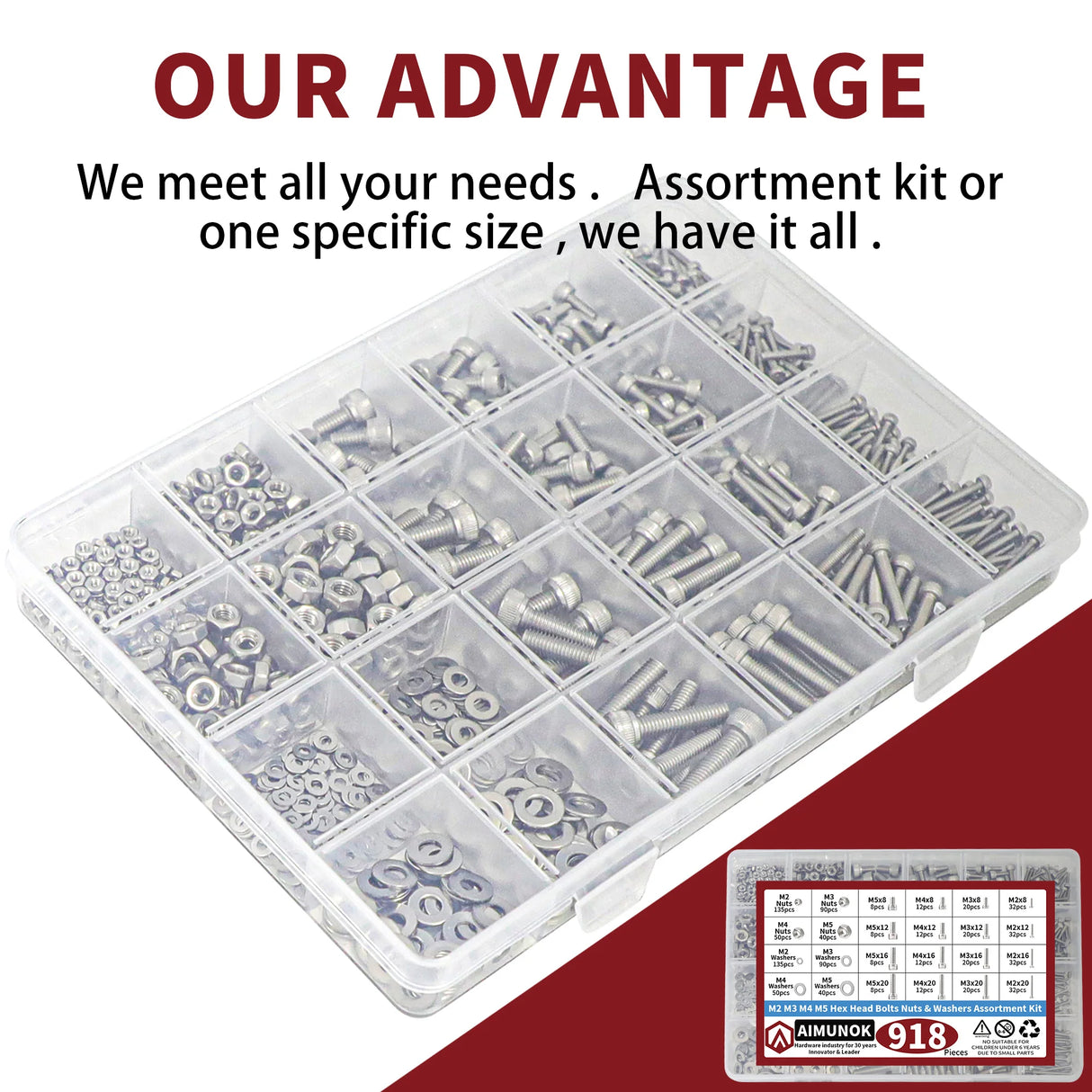 918pcs Nuts and Bolts Assortment Kit - M2, M3, M4, M5 Hex Head 304 Stainless Steel Bolts, Nuts, Flat Washers, and More