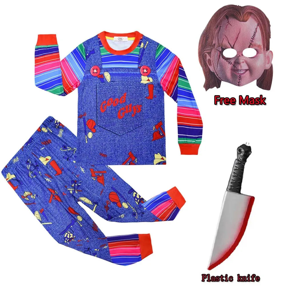 Kids Chucky Clothing for Boy Girl Long T Shirt Pants Dress Free Mask Ghost Dolls Cosplay Pyjamas Carnival Party Outfit Xmas Gift