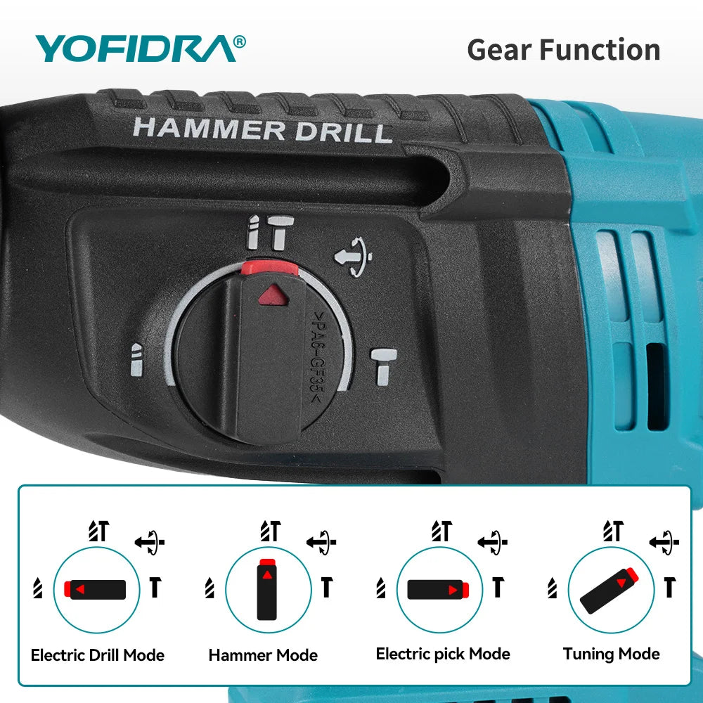 YOFIDRA Brushless Electric Hammer Impact Drill 26MM Cordless Woodworking Impact Drill Power Tools Set For Makita 18V Battery Pin
