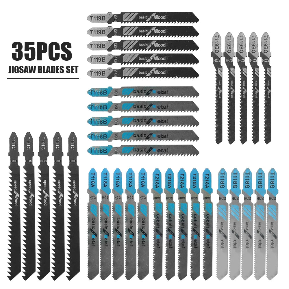 35Pcs Jigsaw Blades Set T-Shaft HCS Assorted Jig Saw Blades for Wood Plastic and Metal Cutting Blades forBlack & Decker Metabo
